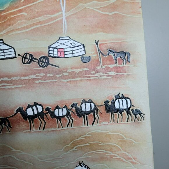 Hand Painted Leather Wall Art Horses Mongolian Landscape Wood Western Carved - Picture 8 of 16